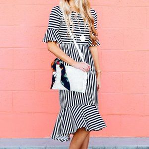 Black & Cream Stripe Bell Sleeve Dress